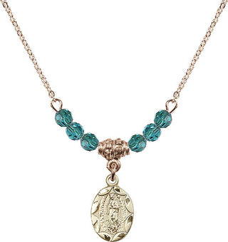 18" Hamilton Gold Plated Necklace with 4mm Zircon Crystal Beads featuring a 14kt Gold Filled Our Lady of Guadalupe Medal.