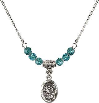 18" Rhodium Plated Necklace with 4mm Zircon Crystal Beads featuring a Sterling Silver Saint Michael the Archangel Medal.