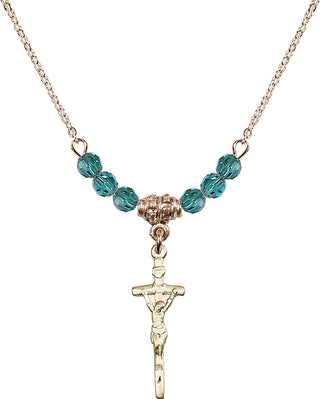 18" Hamilton Gold Plated Necklace with 4mm Zircon Crystal Beads featuring a 14kt Gold Filled Papal Crucifix Medal.