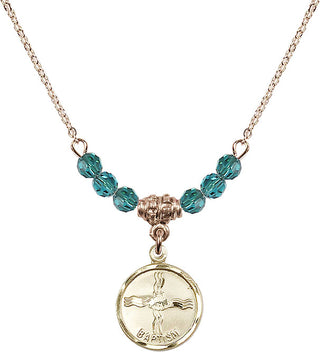 18" Hamilton Gold Plated Necklace with 4mm Zircon Crystal Beads featuring a 14kt Gold Filled Baptism Medal. Engraved Catholic Saint Jewelry