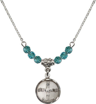 18" Rhodium Plated Necklace with 4mm Zircon Crystal Beads featuring a Sterling Silver Baptism Medal. Engraved Catholic Saint Jewelry