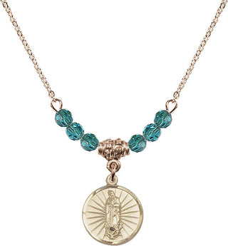 18" Hamilton Gold Plated Necklace with 4mm Zircon Crystal Beads featuring a 14kt Gold Filled Our Lady of Guadalupe Medal. Engraved Catholic Saint Jewelry