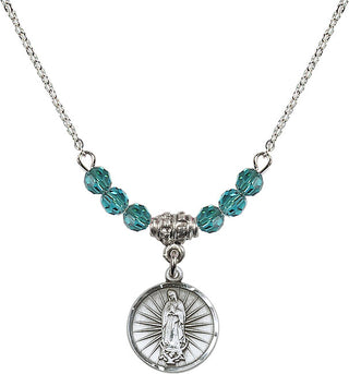 18" Rhodium Plated Necklace with 4mm Zircon Crystal Beads featuring a Sterling Silver Our Lady of Guadalupe Medal. Engraved Catholic Saint Jewelry