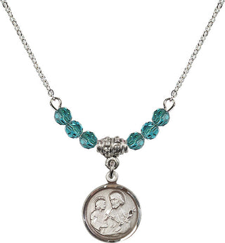 18" Rhodium Plated Necklace with 4mm Zircon Crystal Beads featuring a Sterling Silver Saint Joseph Medal. Engraved Catholic Saint Jewelry