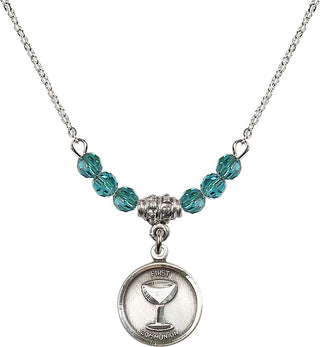 18" Rhodium Plated Necklace with 4mm Zircon Crystal Beads featuring a Sterling Silver Communion Medal. Engraved Catholic Saint Jewelry