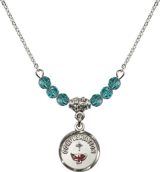18" Rhodium Plated Necklace with 4mm Zircon Crystal Beads featuring a Sterling Silver Confirmation Medal. Engraved Catholic Saint Jewelry