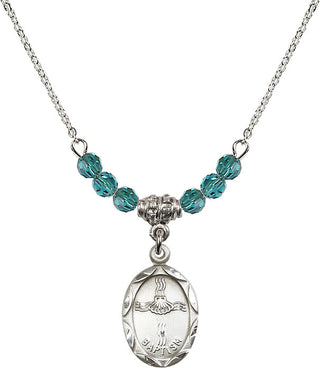 18" Rhodium Plated Necklace with 4mm Zircon Crystal Beads featuring a Sterling Silver Baptism Medal. Engraved Catholic Saint Jewelry