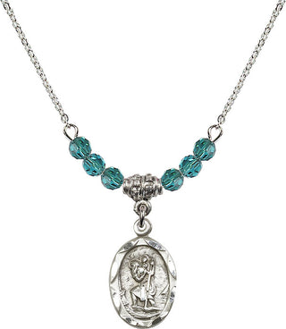 18" Rhodium Plated Necklace with 4mm Zircon Crystal Beads featuring a Sterling Silver Saint Christopher Medal. Engraved Catholic Saint Jewelry