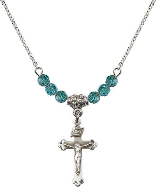 18" Rhodium Plated Necklace with 4mm Zircon Crystal Beads featuring a Sterling Silver Crucifix Medal.