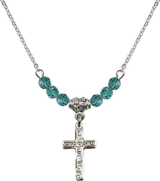18" Rhodium Plated Necklace with 4mm Zircon Crystal Beads featuring a Sterling Silver Cross Medal.