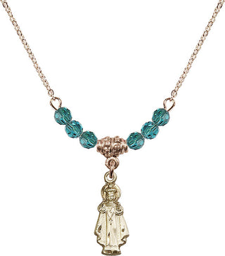 18" Hamilton Gold Plated Necklace with 4mm Zircon Crystal Beads featuring a 14kt Gold Filled Infant of Prague Medal.