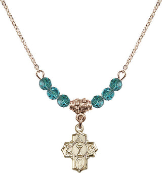 18" Hamilton Gold Plated Necklace with 4mm Zircon Crystal Beads featuring a 14kt Gold Filled Communion 5-Way Medal.