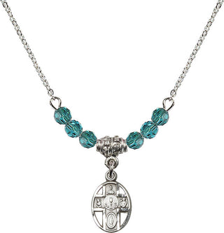 18" Rhodium Plated Necklace with 4mm Zircon Crystal Beads featuring a Sterling Silver 5-Way / Chalice Medal.