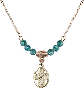 18" Hamilton Gold Plated Necklace with 4mm Zircon Crystal Beads featuring a 14kt Gold Filled 5-Way Medal.