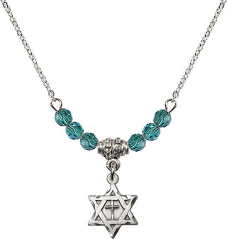 18" Rhodium Plated Necklace with 4mm Zircon Crystal Beads featuring a Sterling Silver Star of David with Cross Medal.
