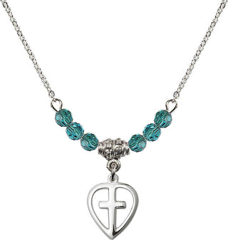 18" Rhodium Plated Necklace with 4mm Zircon Crystal Beads featuring a Sterling Silver Heart / Cross Medal.
