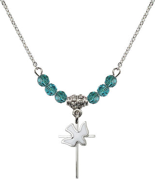 18" Rhodium Plated Necklace with 4mm Zircon Crystal Beads featuring a Sterling Silver Cross / Holy Spirit Medal.