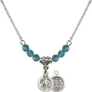18" Rhodium Plated Necklace with 4mm Zircon Crystal Beads featuring a Sterling Silver Saint Benedict Medal.