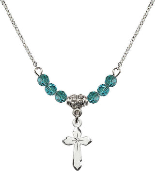 18" Rhodium Plated Necklace with 4mm Zircon Crystal Beads featuring a Sterling Silver Cross Medal.