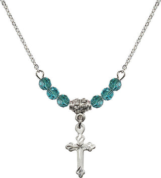 18" Rhodium Plated Necklace with 4mm Zircon Crystal Beads featuring a Sterling Silver Cross Medal.