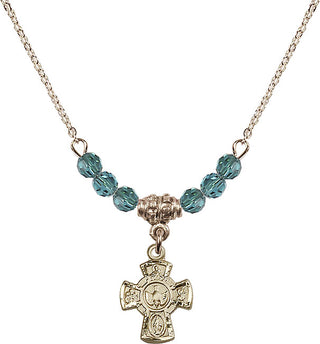 18" Hamilton Gold Plated Necklace with 4mm Zircon Crystal Beads featuring a 14kt Gold Filled 5-Way Medal.