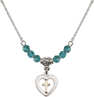 18" Rhodium Plated Necklace with 4mm Zircon Crystal Beads featuring a Gold Filled / Sterling Silver Heart / Cross Medal.