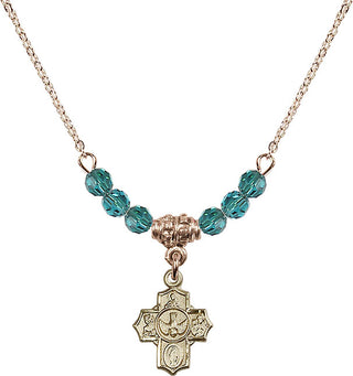 18" Hamilton Gold Plated Necklace with 4mm Zircon Crystal Beads featuring a 14kt Gold Filled 5-Way Medal.