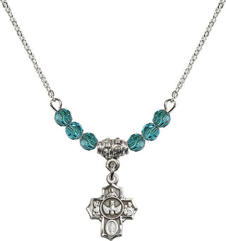 18" Rhodium Plated Necklace with 4mm Zircon Crystal Beads featuring a Sterling Silver 5-Way Medal.
