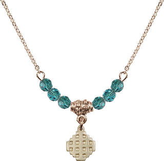18" Hamilton Gold Plated Necklace with 4mm Zircon Crystal Beads featuring a 14kt Gold Filled Jerusalem Cross Medal.