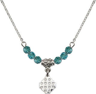 18" Rhodium Plated Necklace with 4mm Zircon Crystal Beads featuring a Sterling Silver Jerusalem Cross Medal.