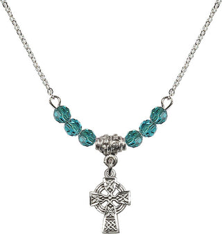 18" Rhodium Plated Necklace with 4mm Zircon Crystal Beads featuring a Sterling Silver Celtic Cross Medal.