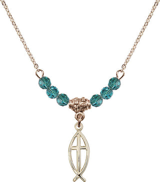 18" Hamilton Gold Plated Necklace with 4mm Zircon Crystal Beads featuring a 14kt Gold Filled Fish / Cross Medal.