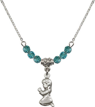 18" Rhodium Plated Necklace with 4mm Zircon Crystal Beads featuring a Sterling Silver Praying Girl Medal.