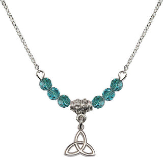 18" Rhodium Plated Necklace with 4mm Zircon Crystal Beads featuring a Sterling Silver Trinity Irish Knot Medal.