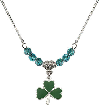 18" Rhodium Plated Necklace with 4mm Zircon Crystal Beads featuring a Sterling Silver Shamrock Medal.