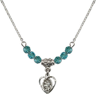 18" Rhodium Plated Necklace with 4mm Zircon Crystal Beads featuring a Sterling Silver Saint Christopher Medal. Engraved Catholic Saint Jewelry