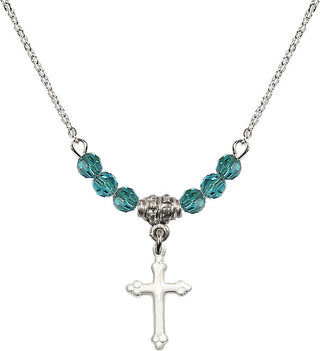 18" Rhodium Plated Necklace with 4mm Zircon Crystal Beads featuring a Sterling Silver Cross Medal.