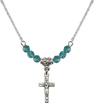 18" Rhodium Plated Necklace with 4mm Zircon Crystal Beads featuring a Sterling Silver Crucifix Medal.