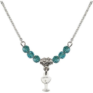 18" Rhodium Plated Necklace with 4mm Zircon Crystal Beads featuring a Sterling Silver Chalice Medal.