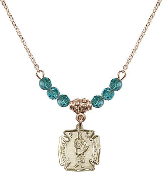 18" Hamilton Gold Plated Necklace with 4mm Zircon Crystal Beads featuring a 14kt Gold Filled Saint Florian Medal. Engraved Catholic Saint Jewelry