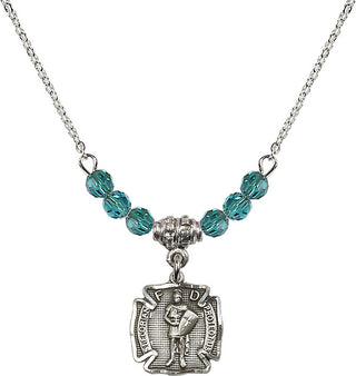18" Rhodium Plated Necklace with 4mm Zircon Crystal Beads featuring a Sterling Silver Saint Florian Medal. Engraved Catholic Saint Jewelry