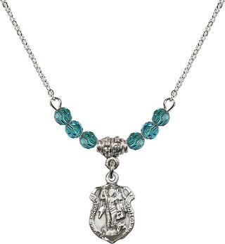 18" Rhodium Plated Necklace with 4mm Zircon Crystal Beads featuring a Sterling Silver Saint Michael the Archangel Medal. Engraved Catholic Saint Jewelry