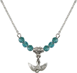 18" Rhodium Plated Necklace with 4mm Zircon Crystal Beads featuring a Sterling Silver Holy Spirit Medal.