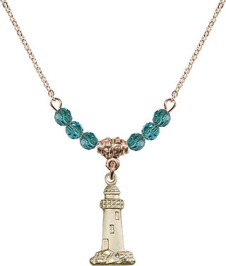 18" Hamilton Gold Plated Necklace with 4mm Zircon Crystal Beads featuring a 14kt Gold Filled Lighthouse Medal.