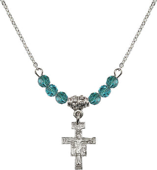 18" Rhodium Plated Necklace with 4mm Zircon Crystal Beads featuring a Sterling Silver San Damiano Crucifix Medal.