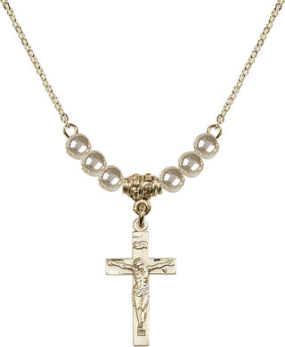 18" Hamilton Gold Plated Necklace with 4mm Faux-Pearl Beads featuring a 14kt Gold Filled Crucifix Medal.