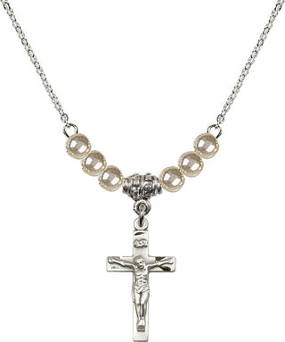 18" Rhodium Plated Necklace with 4mm Faux-Pearl Beads featuring a Sterling Silver Crucifix Medal.