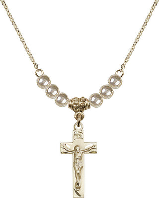 18" Hamilton Gold Plated Necklace with 4mm Faux-Pearl Beads featuring a 14kt Gold Filled Crucifix Medal.