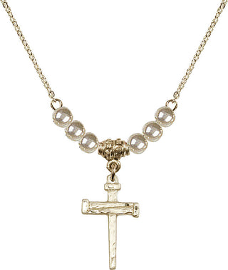18" Hamilton Gold Plated Necklace with 4mm Faux-Pearl Beads featuring a 14kt Gold Filled Nail Cross Medal.