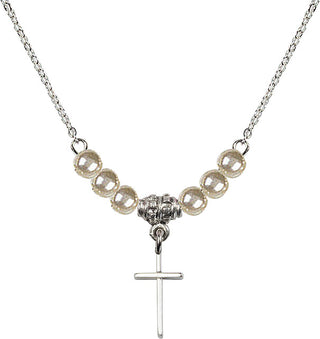 18" Rhodium Plated Necklace with 4mm Faux-Pearl Beads featuring a Sterling Silver Cross Medal.